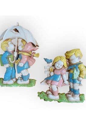 Vintage 80s Homco Wall Plaques Pastel Children Set Nursery Cottagecore Whimsical